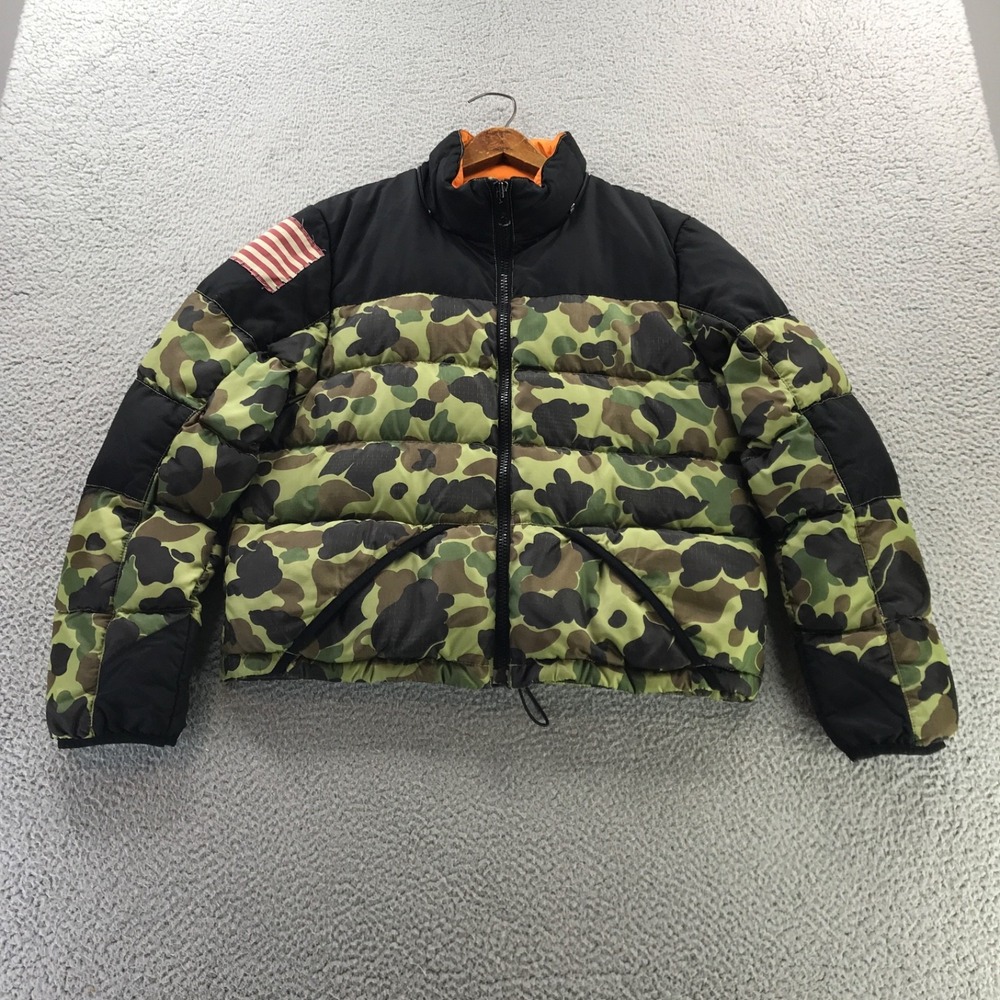 VTG Denim Supply Ralph Lauren Jacket Mens Large Green Camo USA Flag Down Puffer